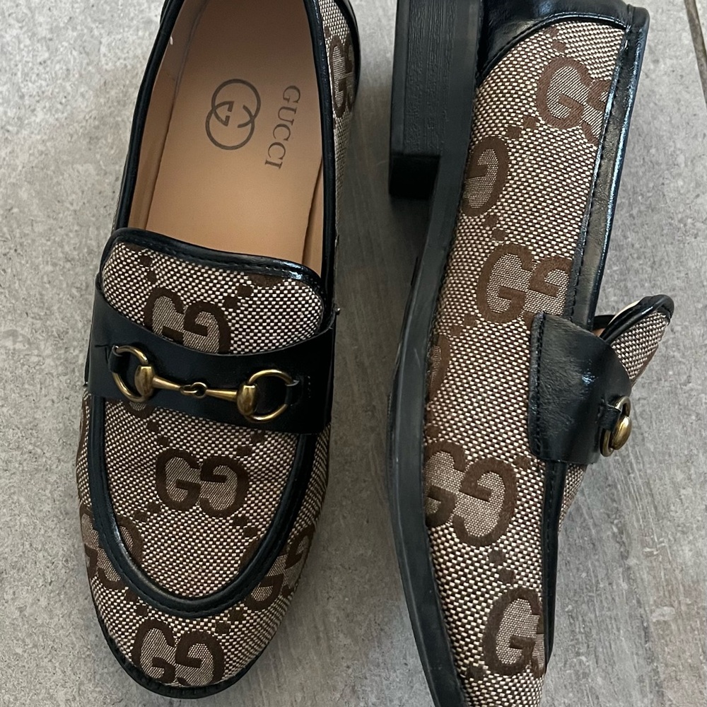 Gucci womens Monogram Brown and Black Loafers - Picture 4 of 5